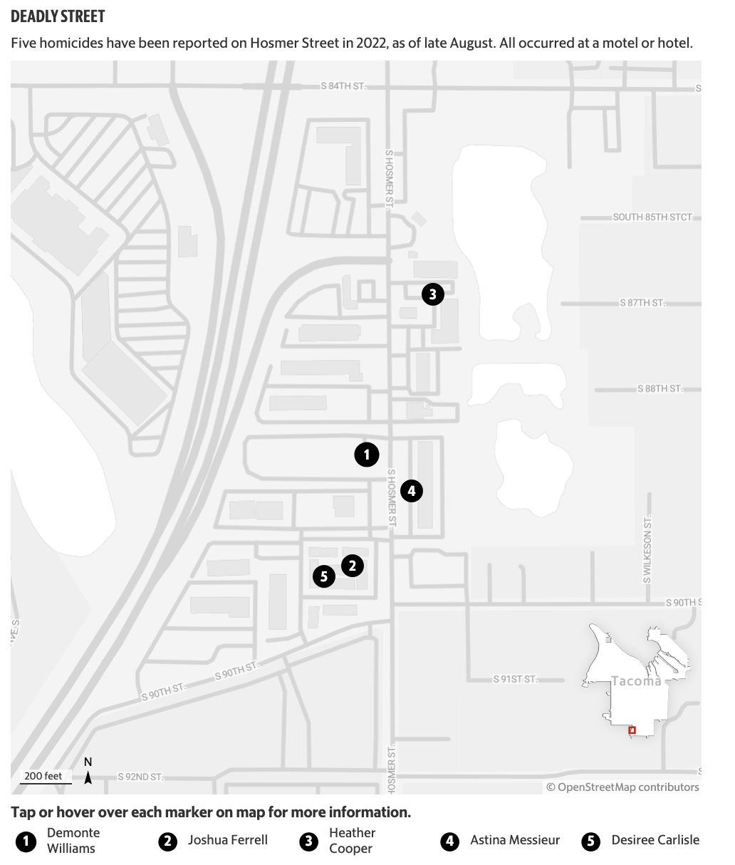 A map of a neighborhood showing the location of five homicides, all on the same street.