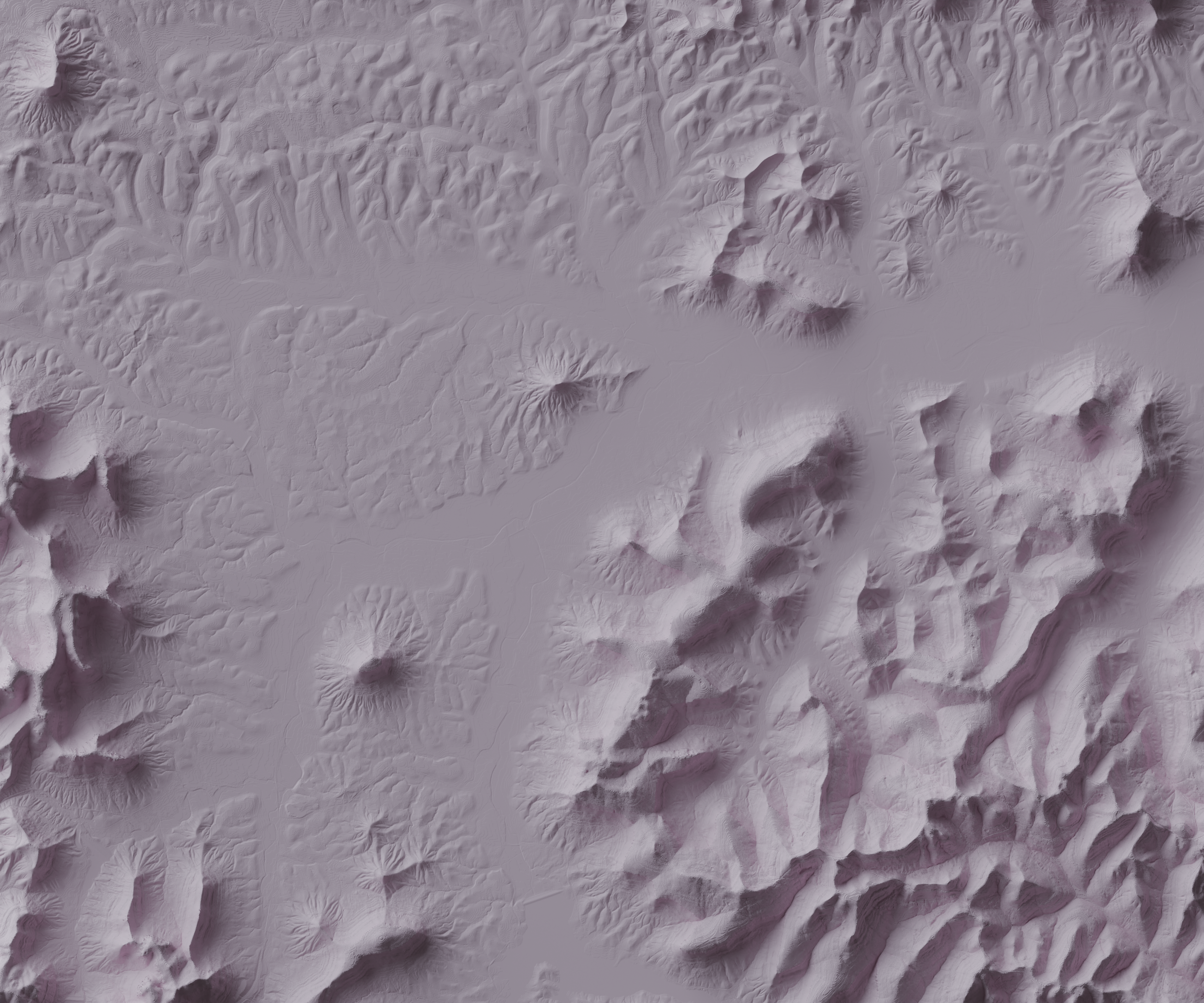 light purple 3d terrain showing a relatively flat area next to a hilly area. same area as the light purple map but with more exaggerated terrain