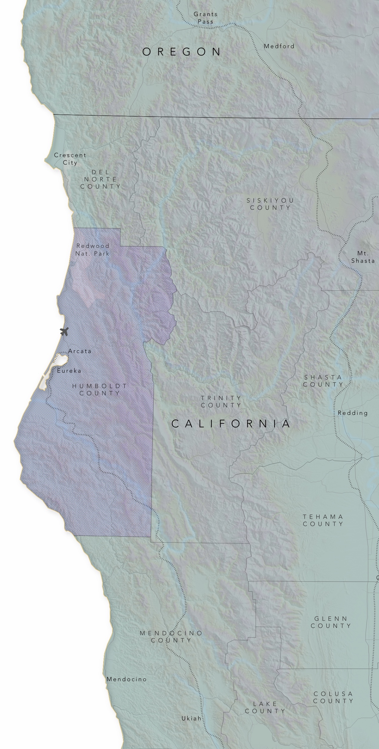 A shaded relief map of the northermost part of California and southern Oregon, with Humboldt County, CA visually highlighted