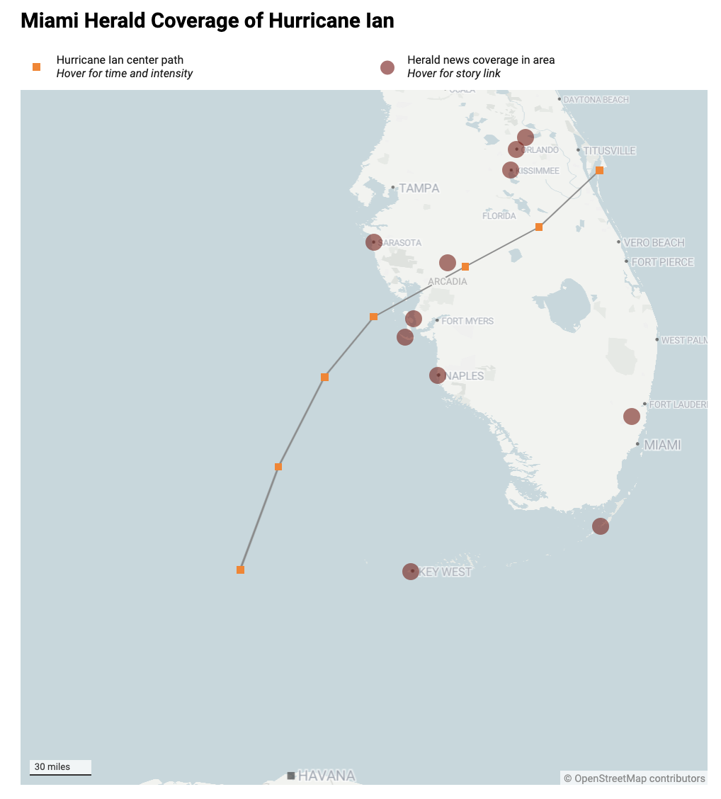 Map showing path of Hurricane Ian, with dots showing where Miami Herald stories relate to