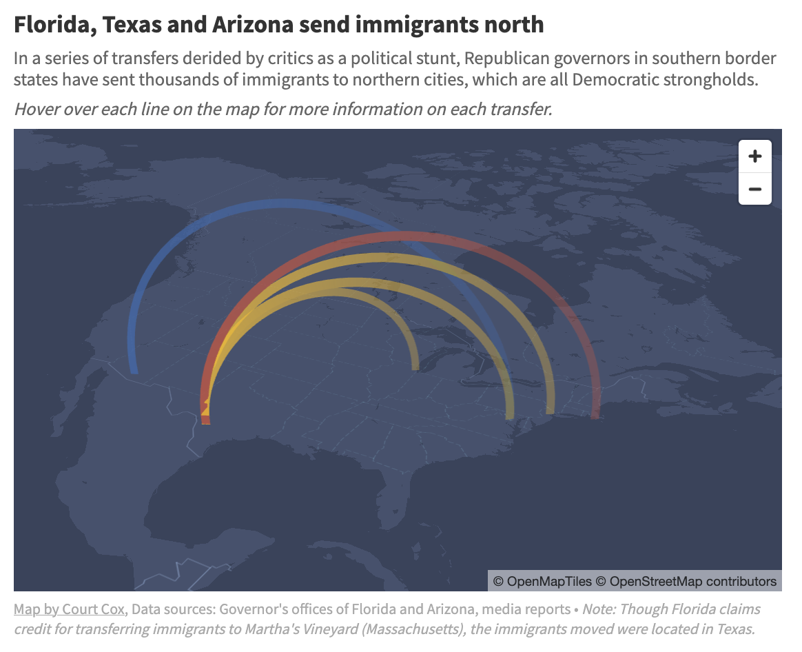 Map shows movement of immigrants from Florida, Texas and Arizona to the north