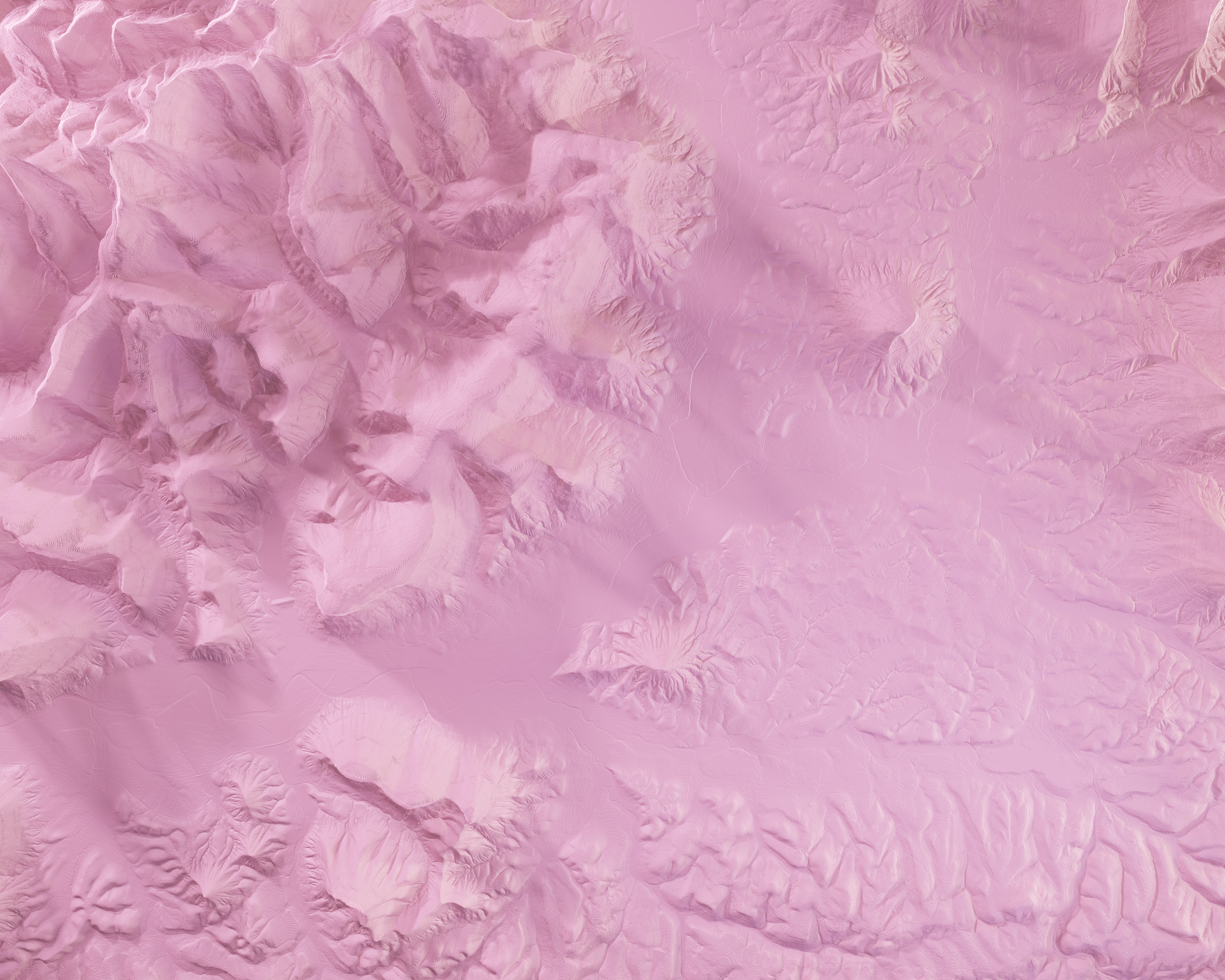 bright pink 3d terrain showing a relatively flat area next to a hilly area