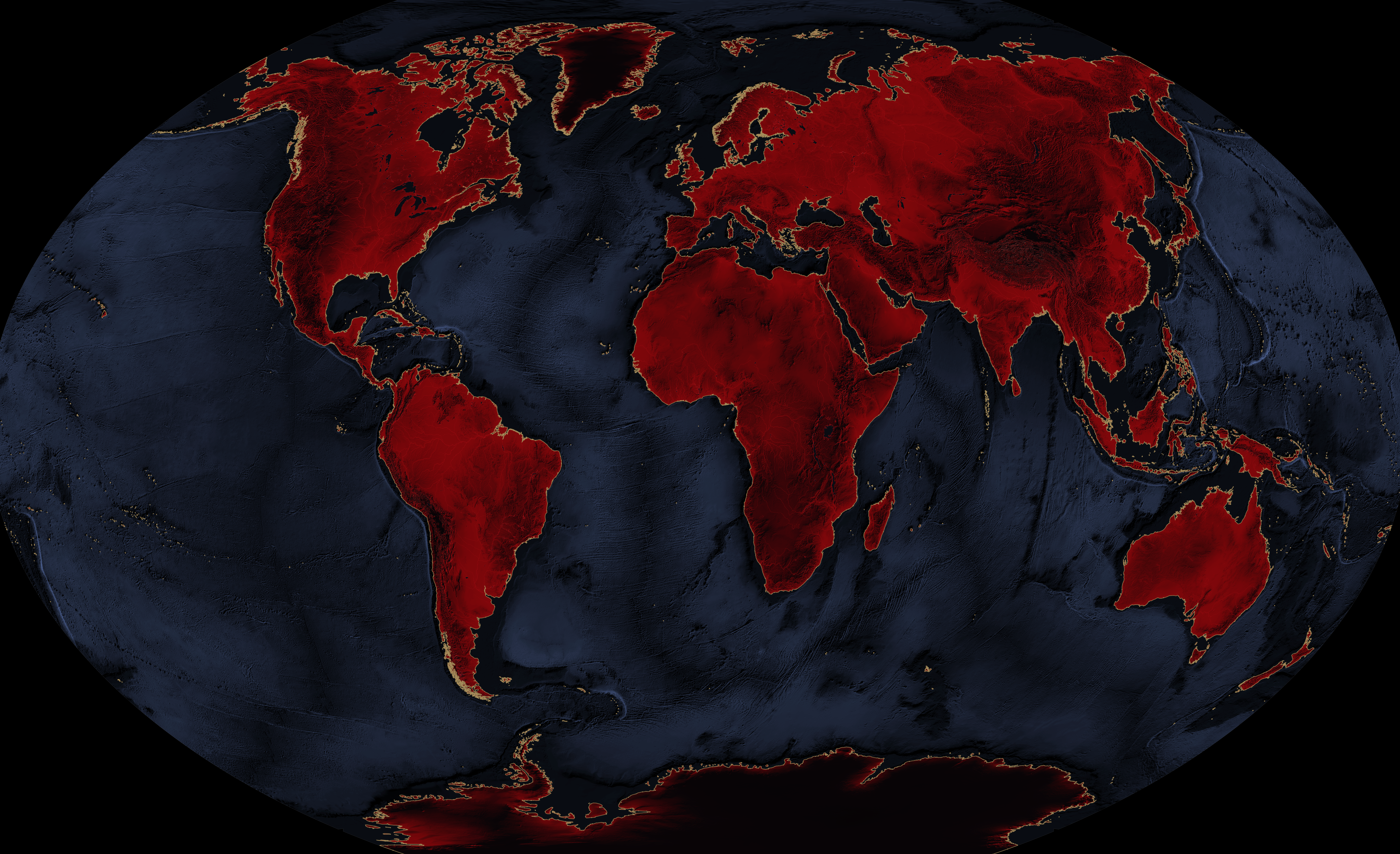 Red world map with shading to show land elevation and ocean depths
